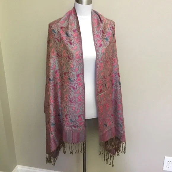 PASHMINA silk floral paisley fringe scarf wrap - Picture 1 of 5